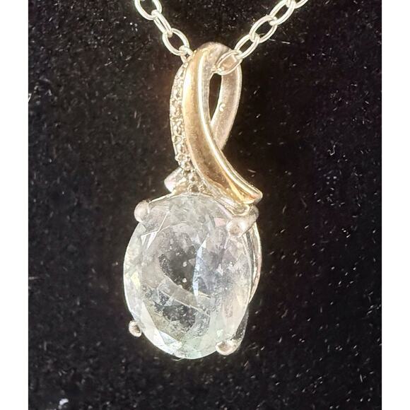 Duet Aquamarine Pendant 925 Silver 10K Gold Diamond Accents 18" Necklace VTG - Picture 3 of 8